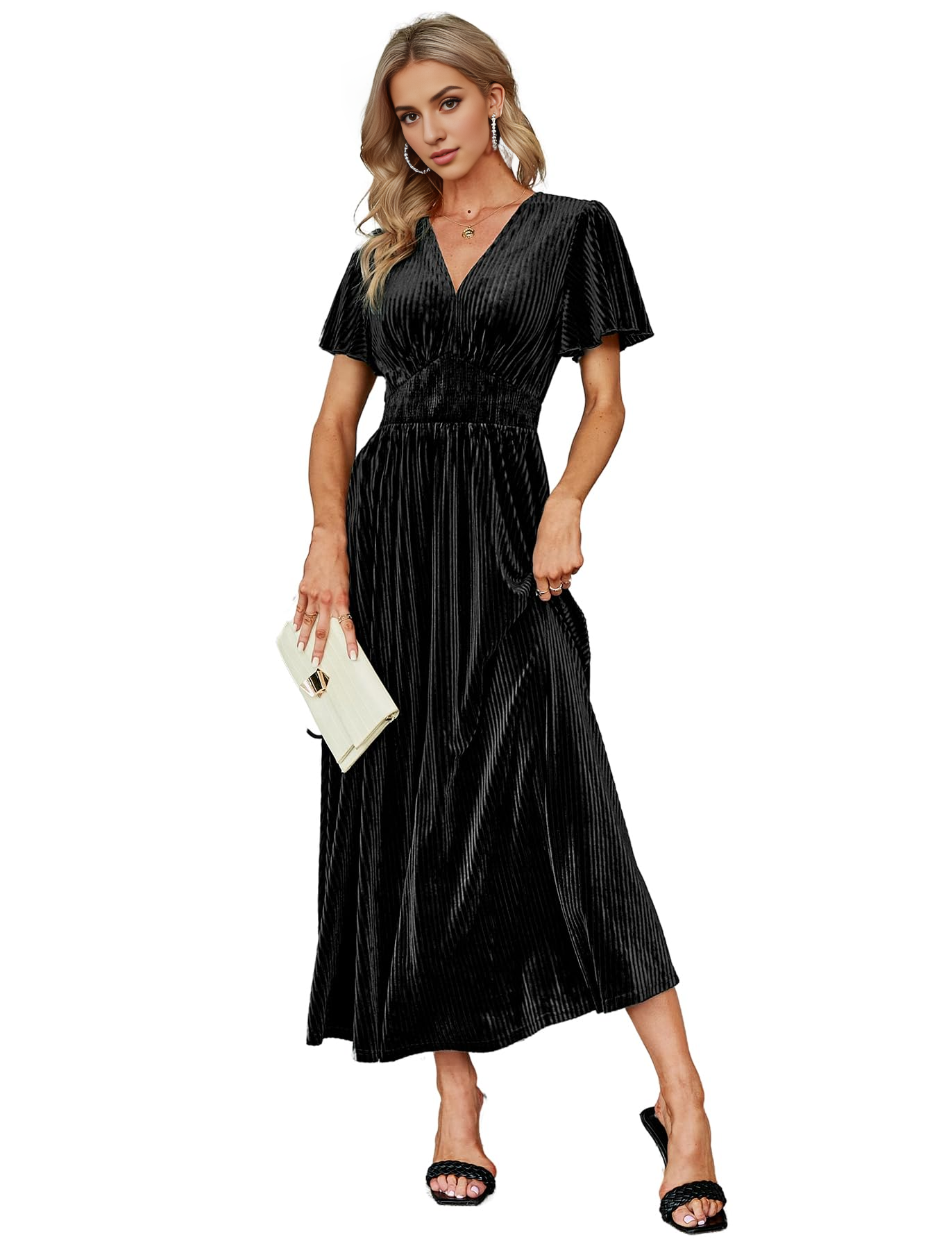 DingJiDress Wedding Guest Dress Short Flare Sleeve Women¡¯s V Neck Velvet Maxi Dress Short Sleeve Empire Waist Long Formal Wear Dresses Evening Dress