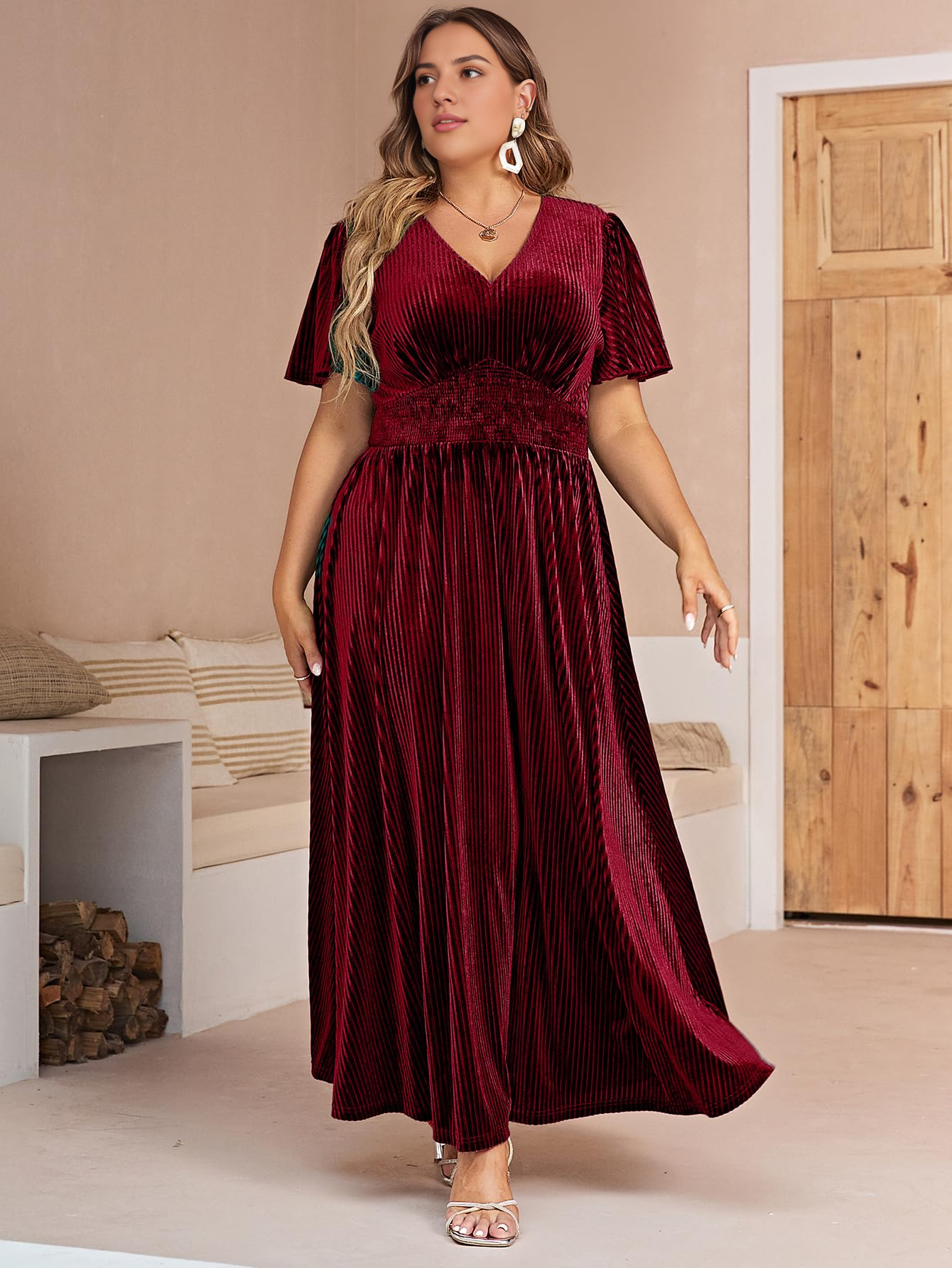 DingJiDress Wedding Guest Dress Short Flare Sleeve Women¡¯s V Neck Velvet Maxi Dress Short Sleeve Empire Waist Long Formal Wear Dresses Evening Dress