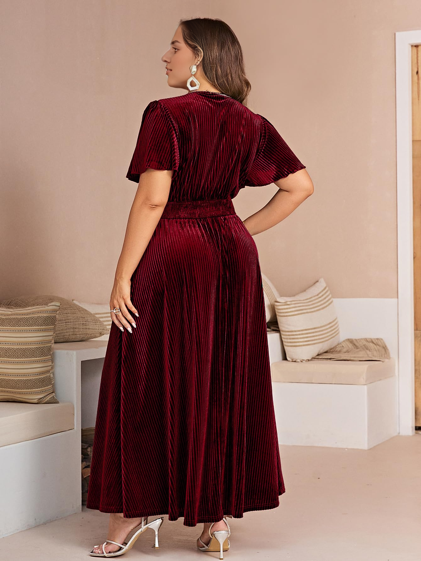 DingJiDress Wedding Guest Dress Short Flare Sleeve Women¡¯s V Neck Velvet Maxi Dress Short Sleeve Empire Waist Long Formal Wear Dresses Evening Dress