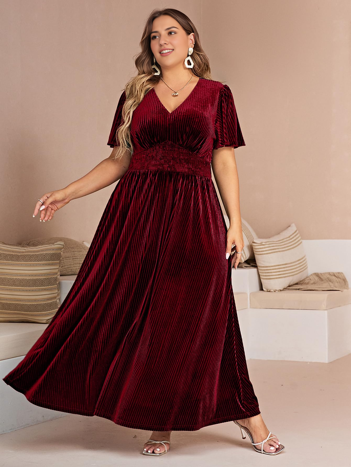 DingJiDress Wedding Guest Dress Short Flare Sleeve Women¡¯s V Neck Velvet Maxi Dress Short Sleeve Empire Waist Long Formal Wear Dresses Evening Dress