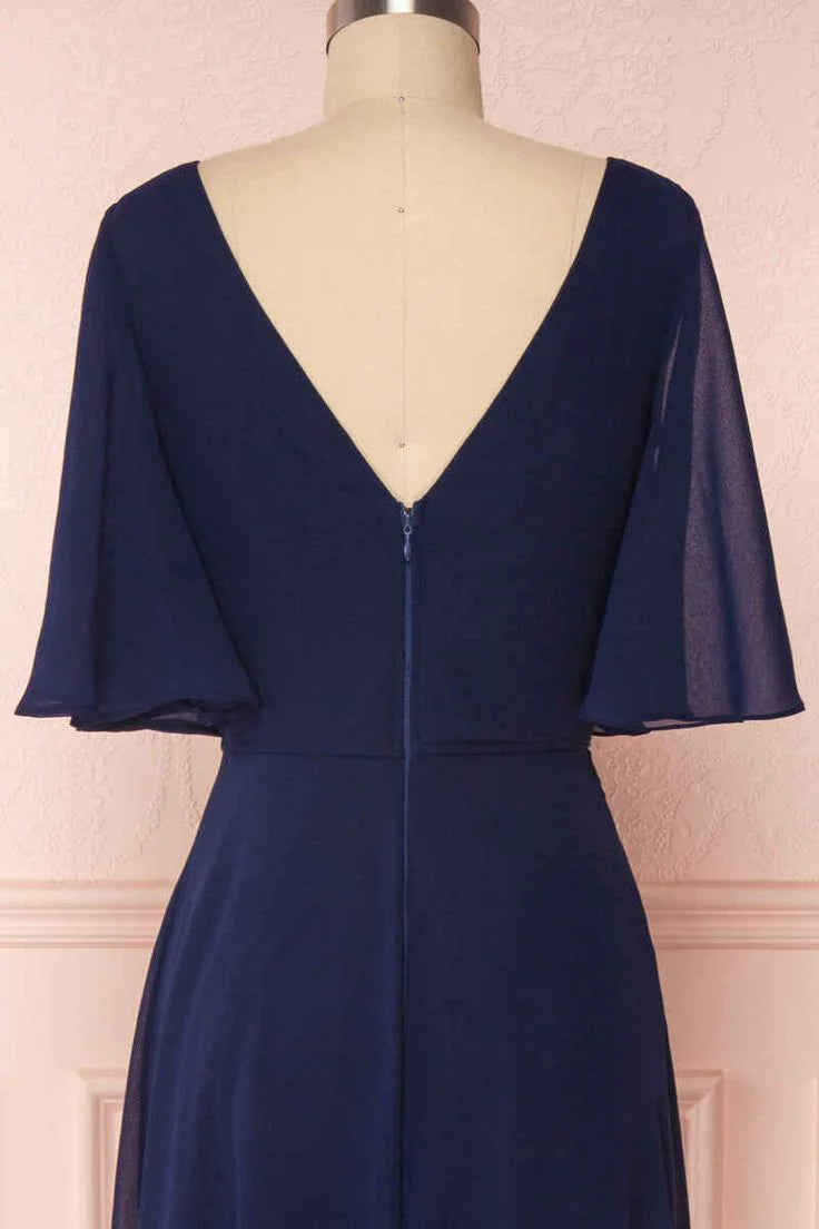 Fashionable and elegant navy blue chiffon V-neck pleated sleeve long skirt