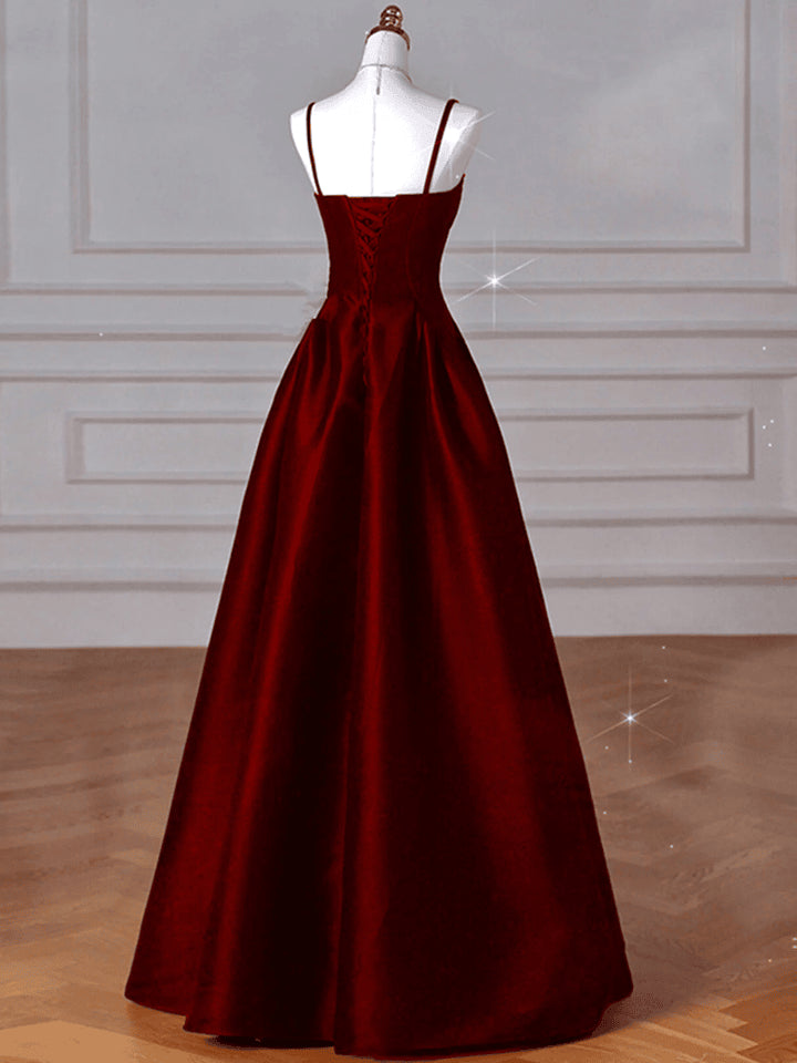 Wine Red A-Line Straps Satin Long Party DressWine Red Long Prom Dress Evening Dress