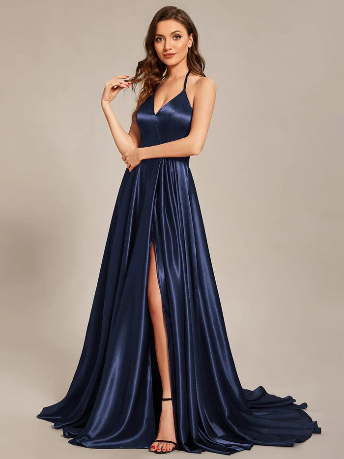 Halter Neck High Front Slit Floor Length Prom Dress