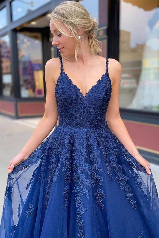 Charming Dark Blue A-Line V Neck Sleeveless Lace Appliques Lace-Up Floor-Length Prom Dress