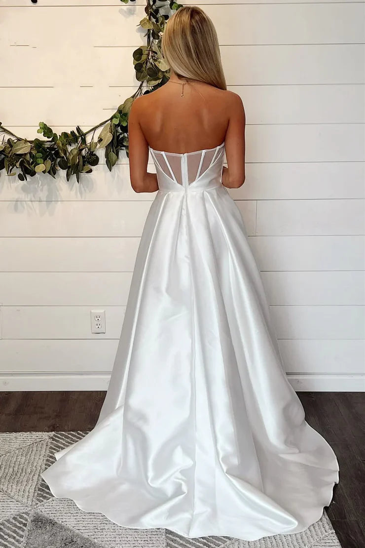 Simple A Line Cowl Neck Satin Long Slit Wedding Dresses