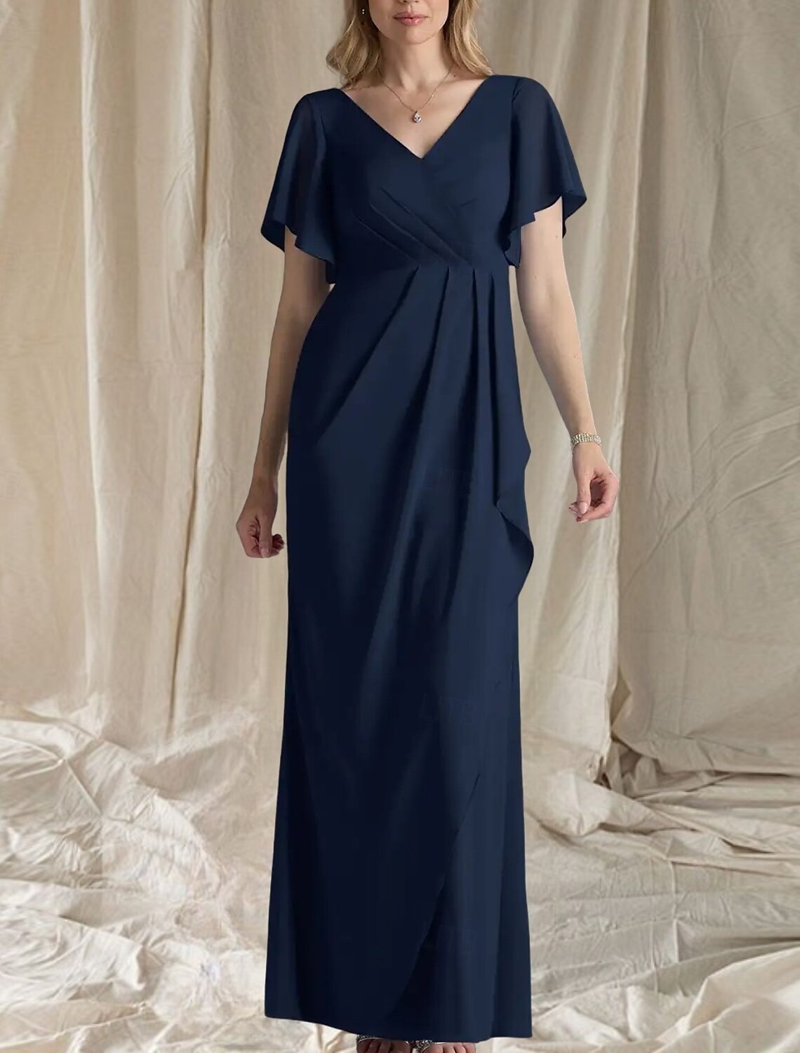 A-Line Mother of the Bride Dress Wedding Guest Elegant Sweet V Neck Floor Length Chiffon Short Sleeve with Ruching Side-Draped