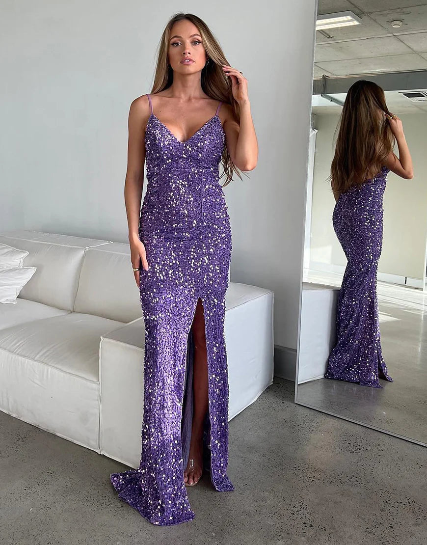 Purple sequined mermaid long slit ball dress