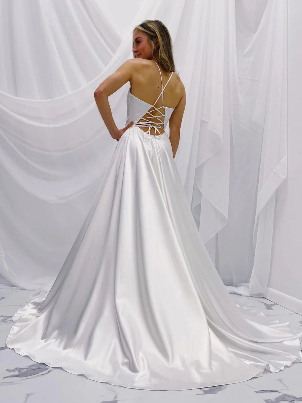 Simple white v neck satin long prom dress white A line evening dress