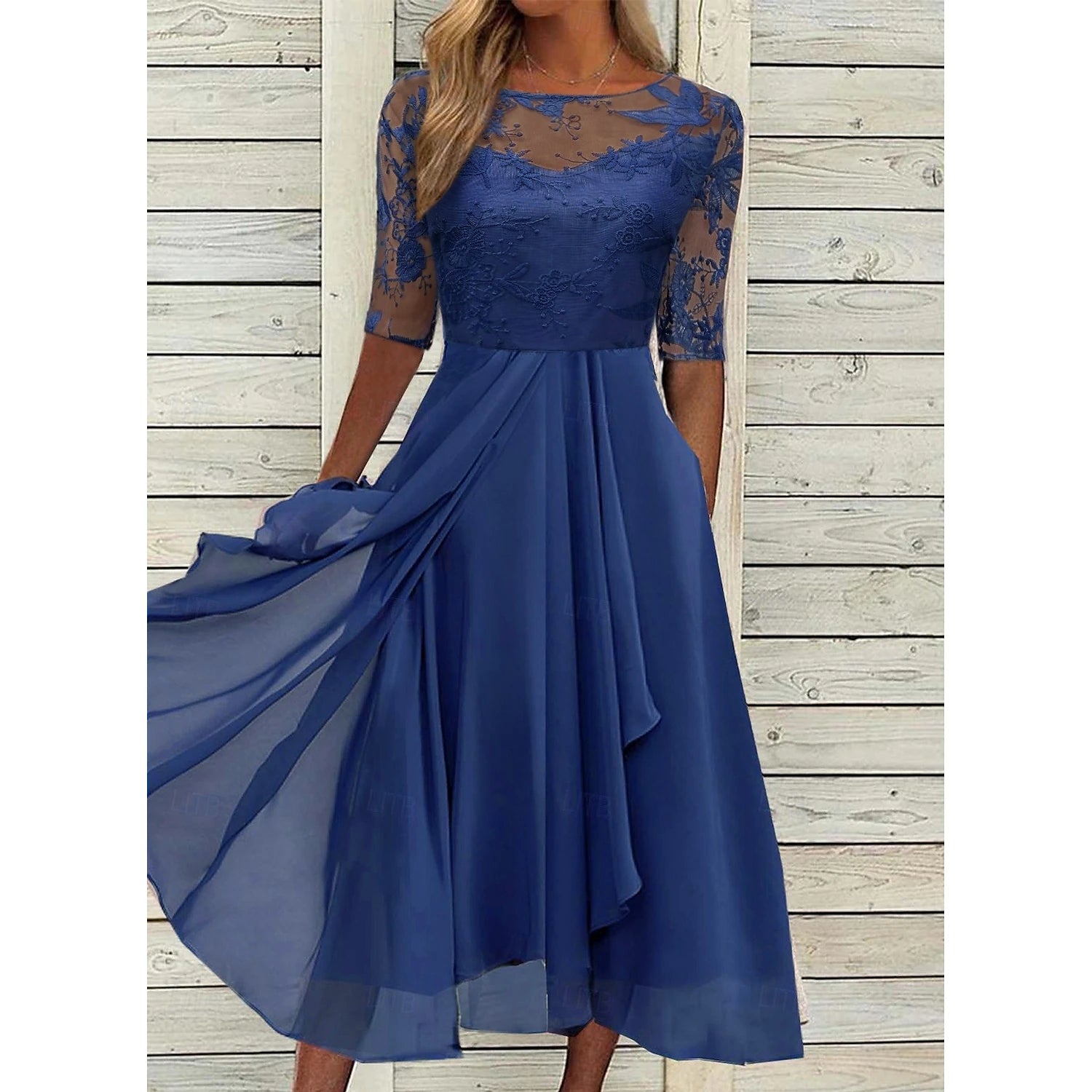 Women's Cocktail Party Dress Lace Dress Midi Dress Green Blue Purple Half Sleeve Floral Embroidery Lace Summer Spring Crew Neck Elegant Classic Wedding Guest