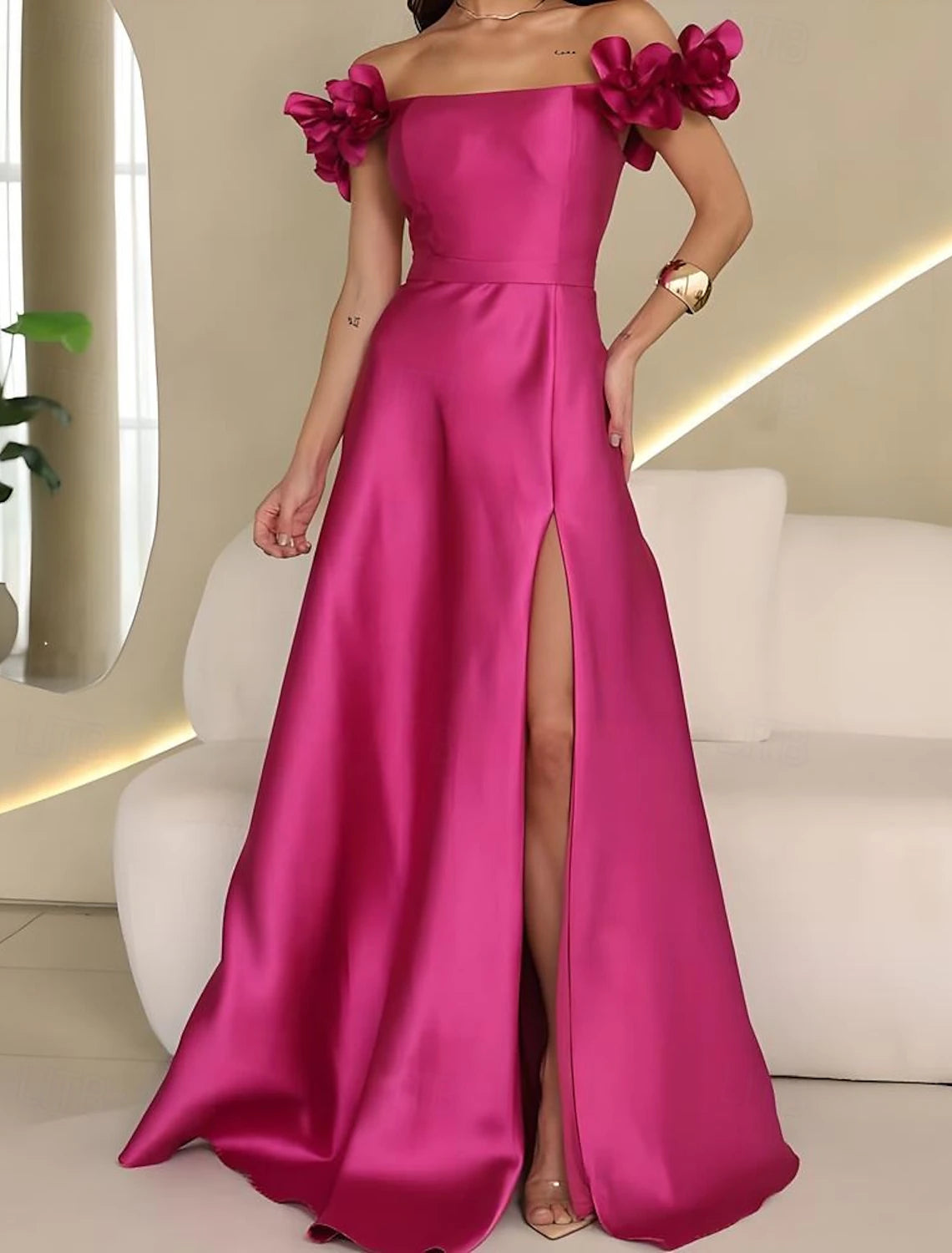 A-Line Evening Gown Celebrity Style Dress Carnival Wedding Reception Floor Length Floral Off Shoulder Satin with Slit