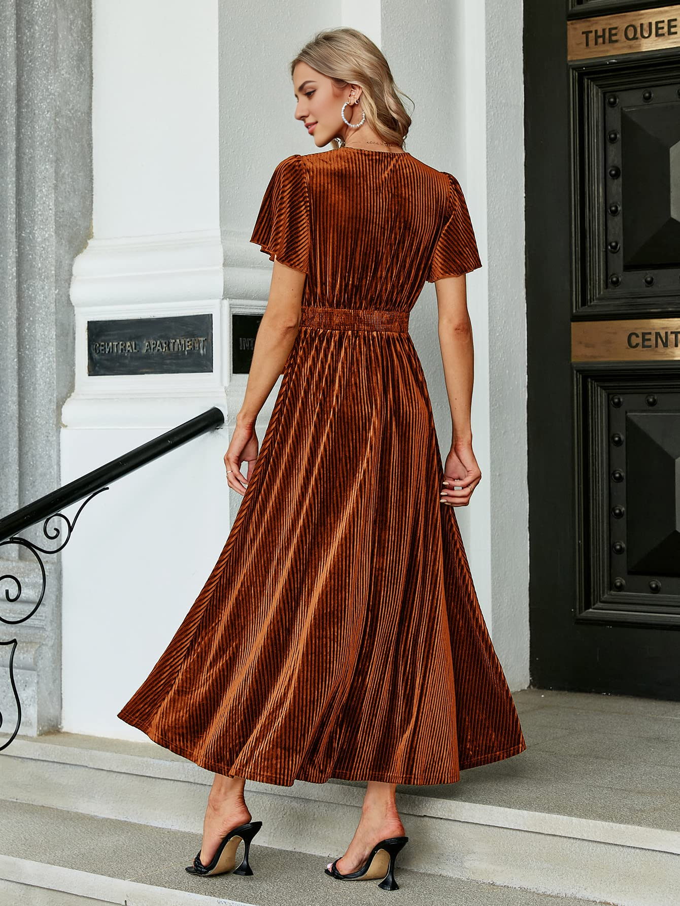 DingJiDress Wedding Guest Dress Short Flare Sleeve Women¡¯s V Neck Velvet Maxi Dress Short Sleeve Empire Waist Long Formal Wear Dresses Evening Dress