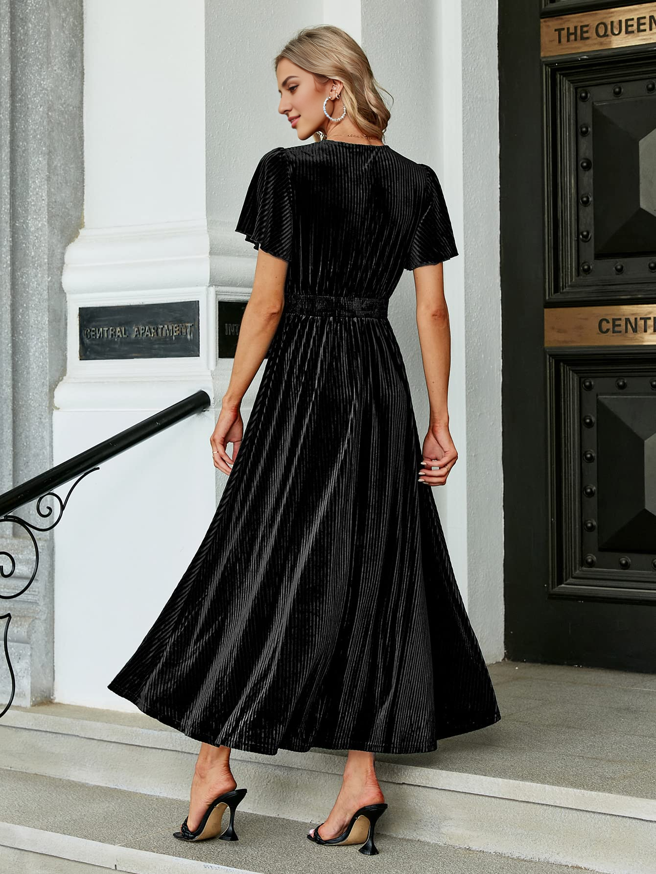 DingJiDress Wedding Guest Dress Short Flare Sleeve Women¡¯s V Neck Velvet Maxi Dress Short Sleeve Empire Waist Long Formal Wear Dresses Evening Dress