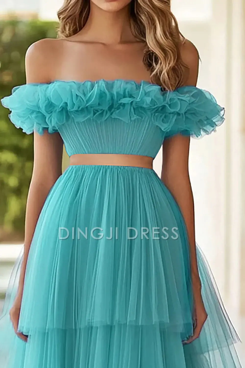 DingJiDress High Quality Dress A Line Off The Shoulder Pleated Tulle Tiers Long Prom Dress
