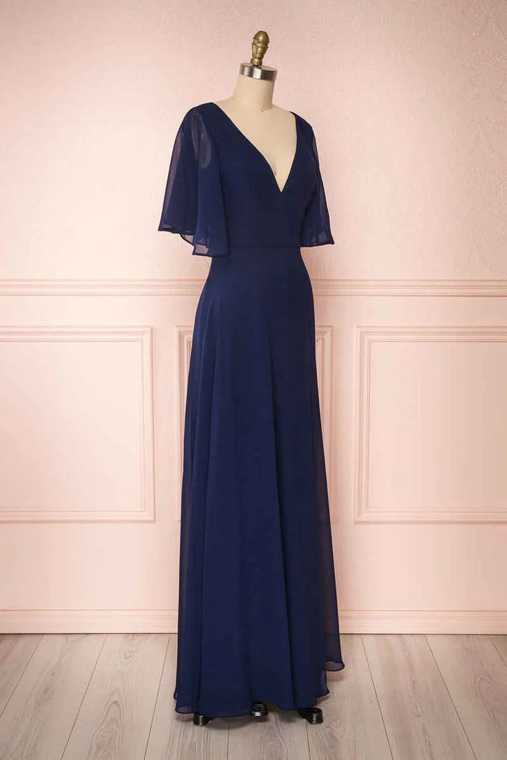 Fashionable and elegant navy blue chiffon V-neck pleated sleeve long skirt