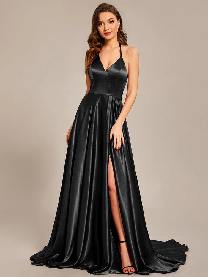 Halter Neck High Front Slit Floor Length Prom Dress