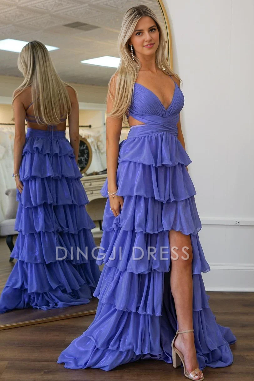 DingJiDress A-Line Spaghetti Straps Backless Lace Up Long Ruched Tiered with Slit Exquisite Prom Dress