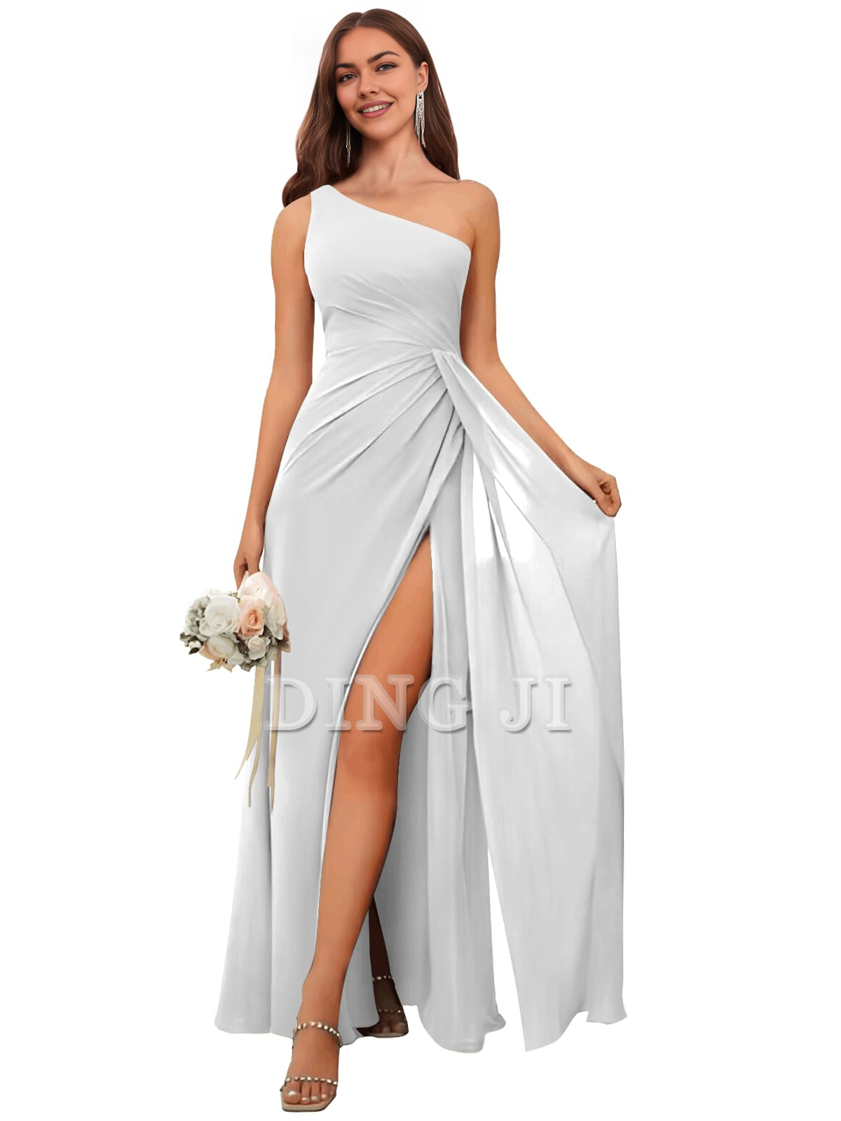 DingJiDress Bridesmaid Dresses One Shoulder Pleated Charming Chiffon Side Fork Long Formal Wear Dresses