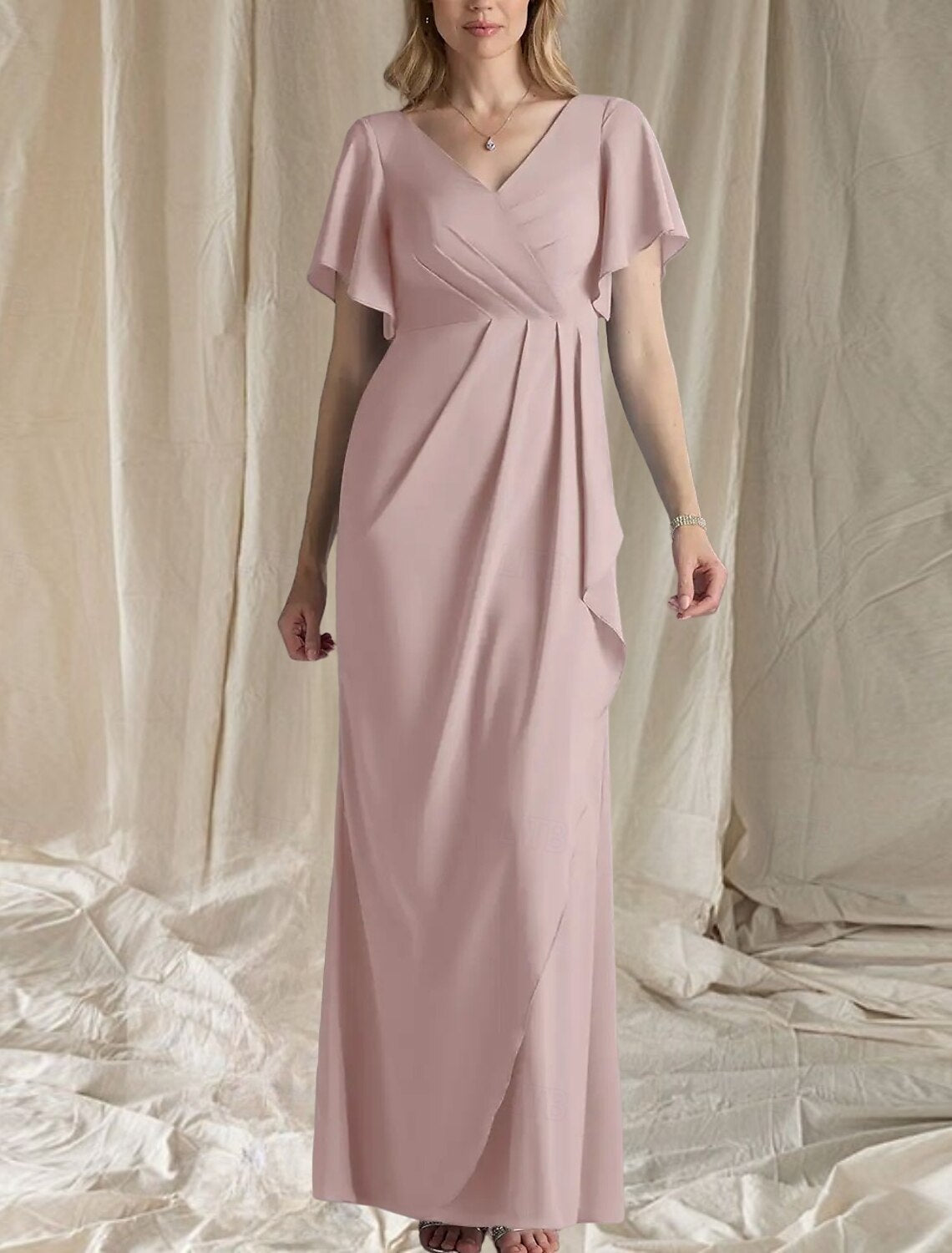 A-Line Mother of the Bride Dress Wedding Guest Elegant Sweet V Neck Floor Length Chiffon Short Sleeve with Ruching Side-Draped