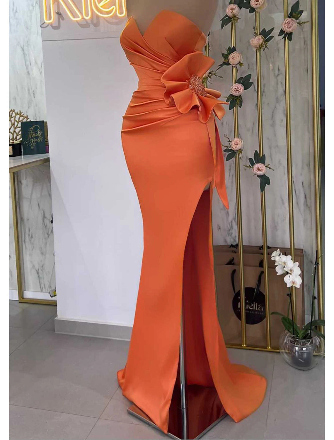 Mermaid Evening Gown Floral Dress Masquerade Prom Sweep / Brush Train Sleeveless Strapless Satin with Slit