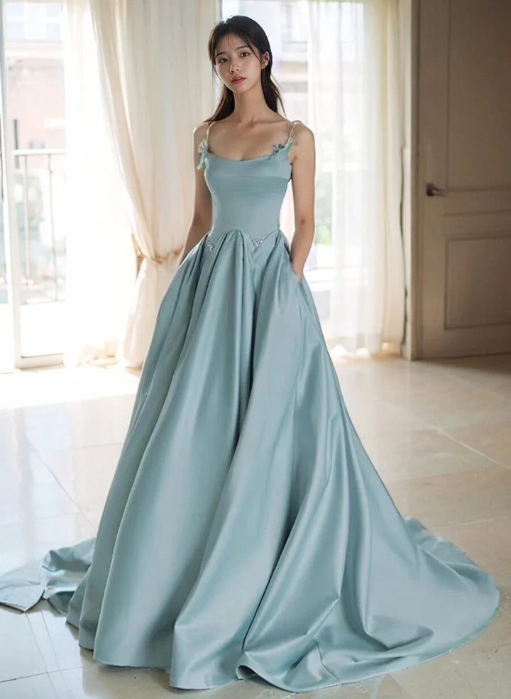 Chic Blue Satin A-Line Straps Beaded Long Evening Dress Blue Satin Prom Dress