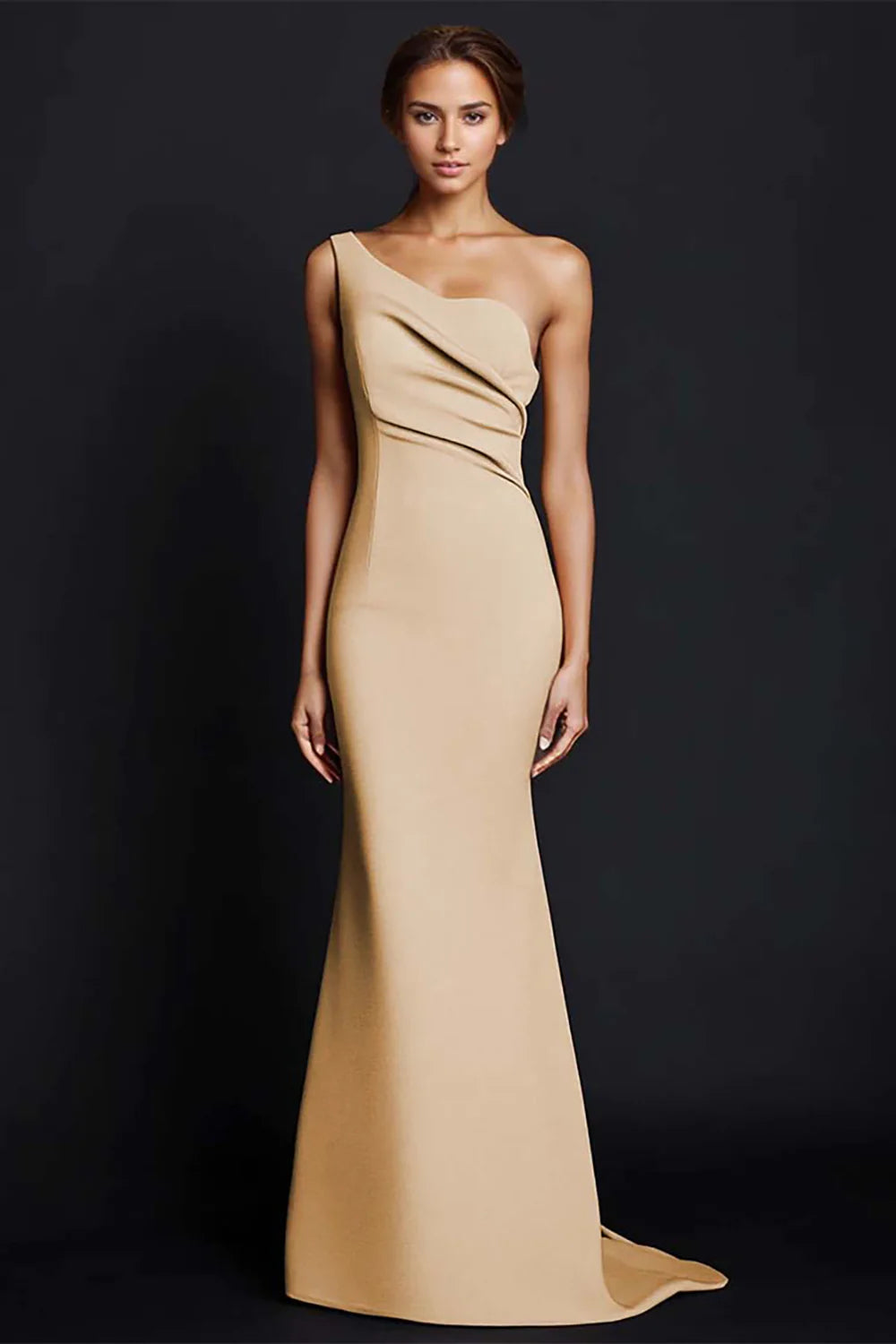 Elegant khaki single shoulder mermaid pleated long satin ball gown