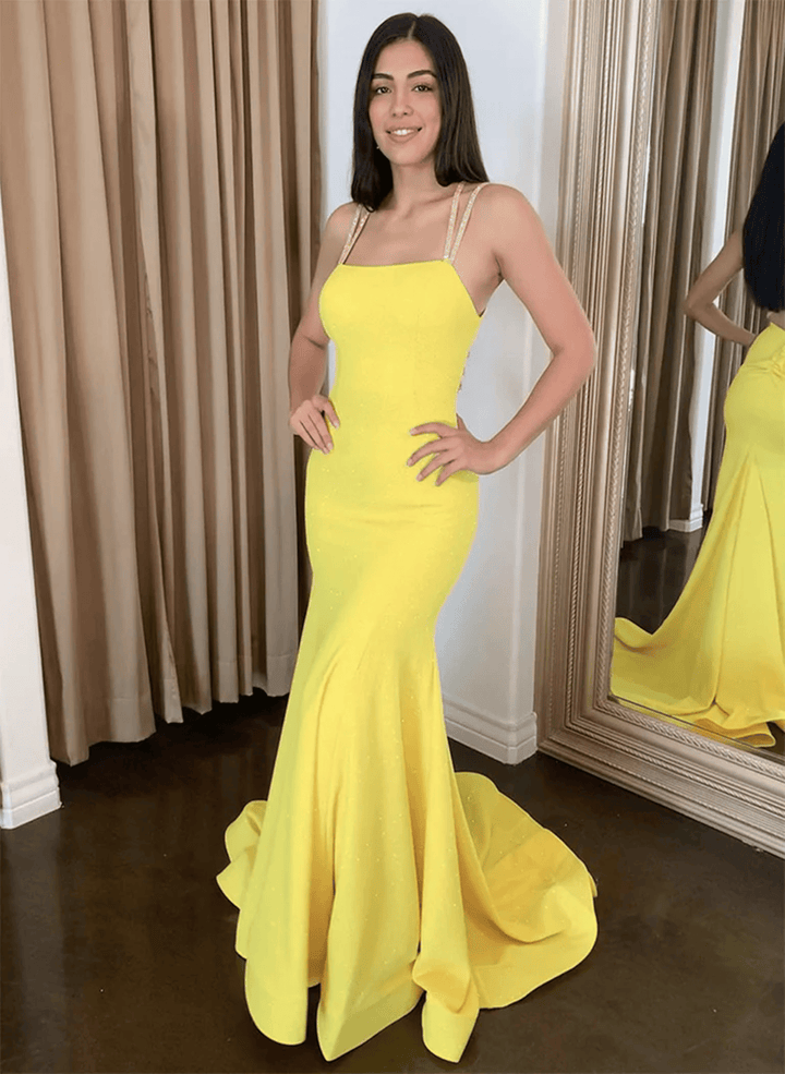 Light Yellow Mermaid Long Straps Formal DressLight Yellow Evening Dress Prom Dress