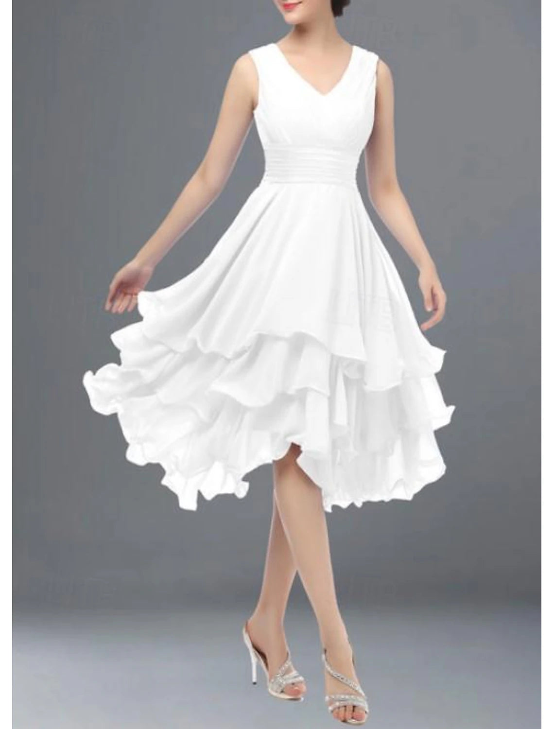Beach Wedding A-Line Wedding Guest Dresses Party Dress Homecoming Dress Asymmetrical Sleeveless V Neck Chiffon with Ruched Tiered dress to impress Derby Dresses