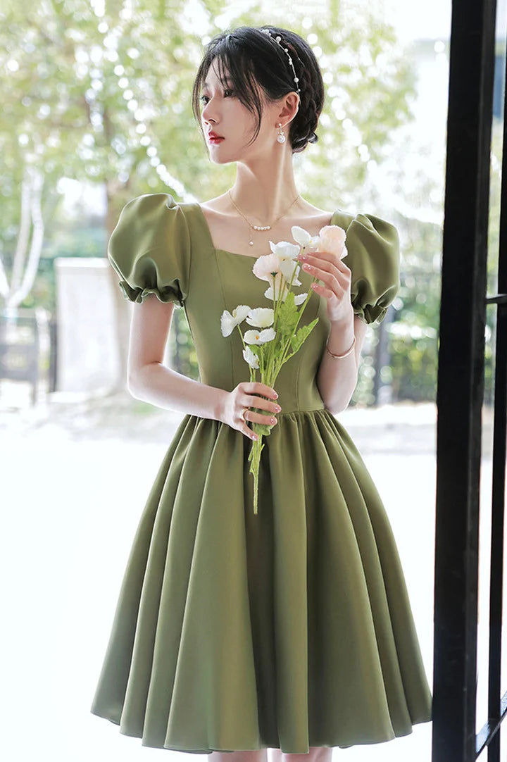 Green Satin Short Party Dress Prom DressGreen Homecoming Dress