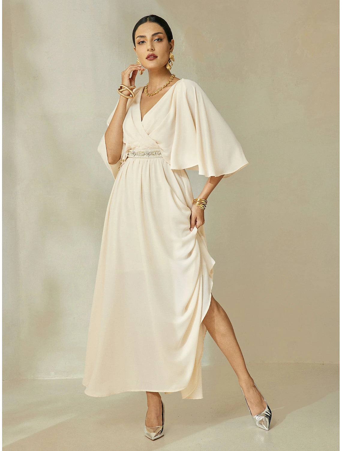 Chiffon Elegant Beading Half Sleeve Maxi Dress