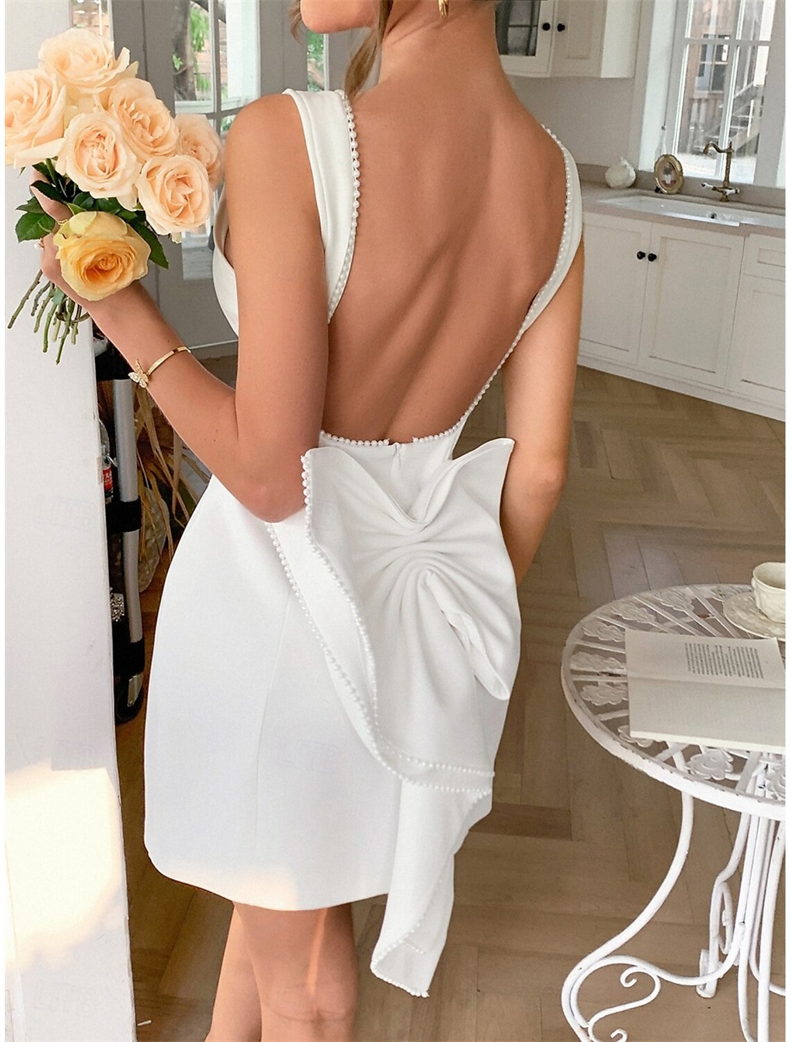 A-Line Quinceanera Dresses Elegant Dress Wedding Wedding Guest Short  Mini Sleeveless Boat Neck Satin Backless with Beading