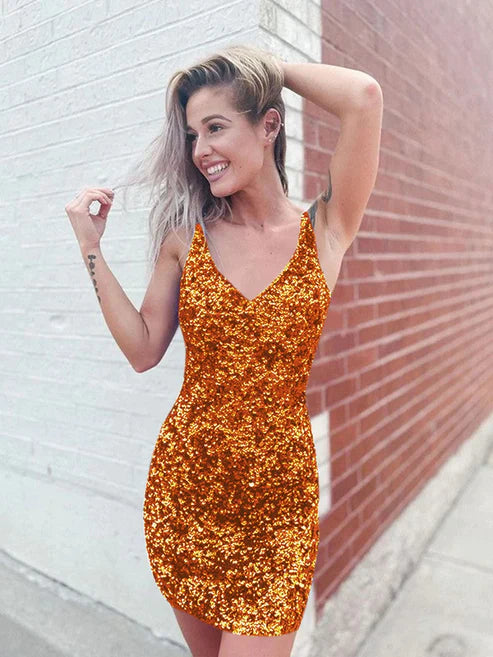 DingJiDress Sexy Fitted V-Neck Sleeveless Short Velvet Sequin Prom Dress