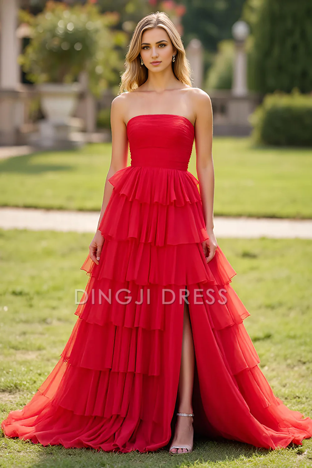 DingJiDress High Quality Dress Elegant A Line Strapless Square Neck Ruched Tiered With Slit Fashion Long Prom Dress