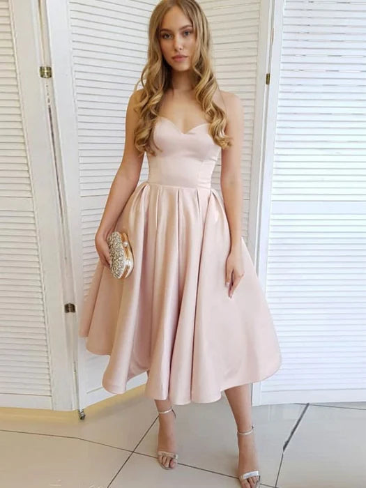 Sweetheart Neck Strapless Tea Length Champagne Prom Homecoming Strapless Pink Formal Graduation Evening