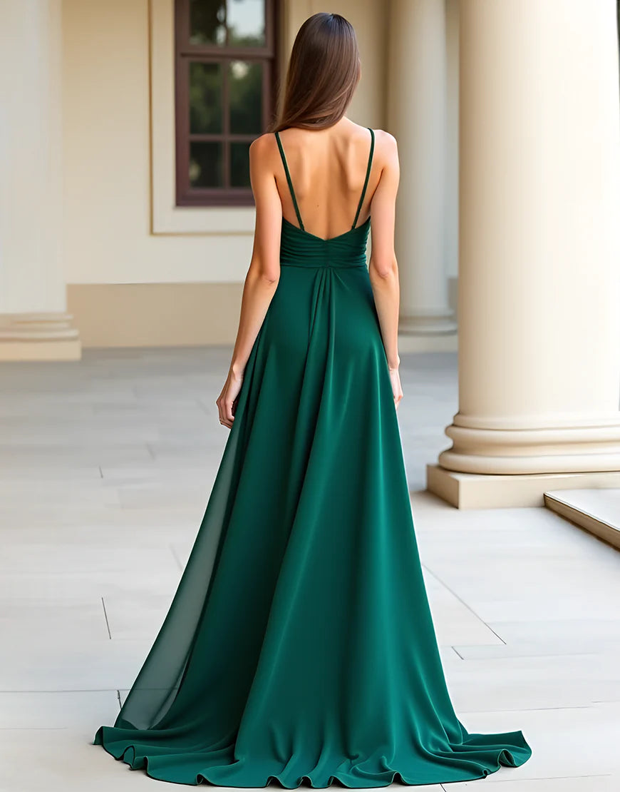 Deep green A-line version pleated long slit ball skirt