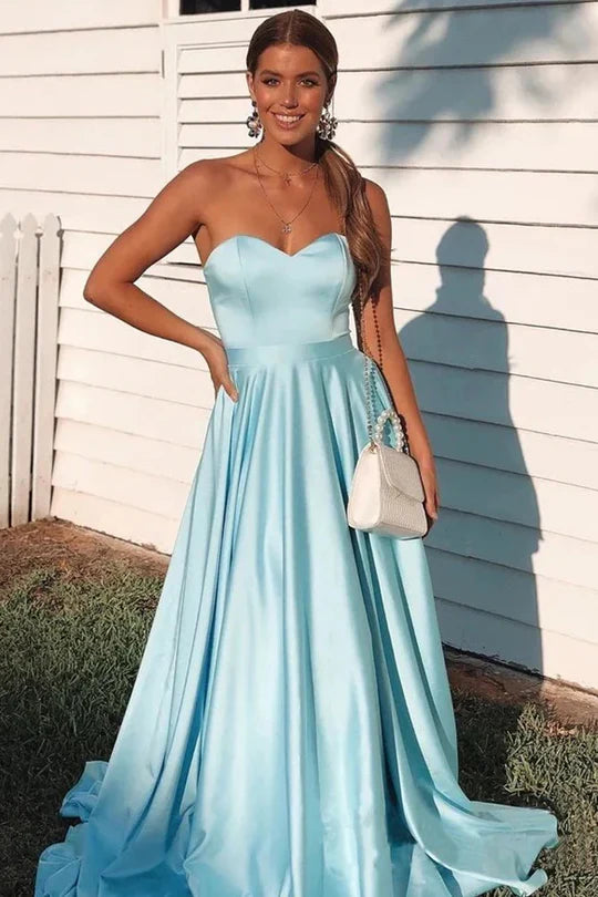 Satin Strapless A-Line Empire-Waist Sweetheart Pleated Prom Dress ﻿