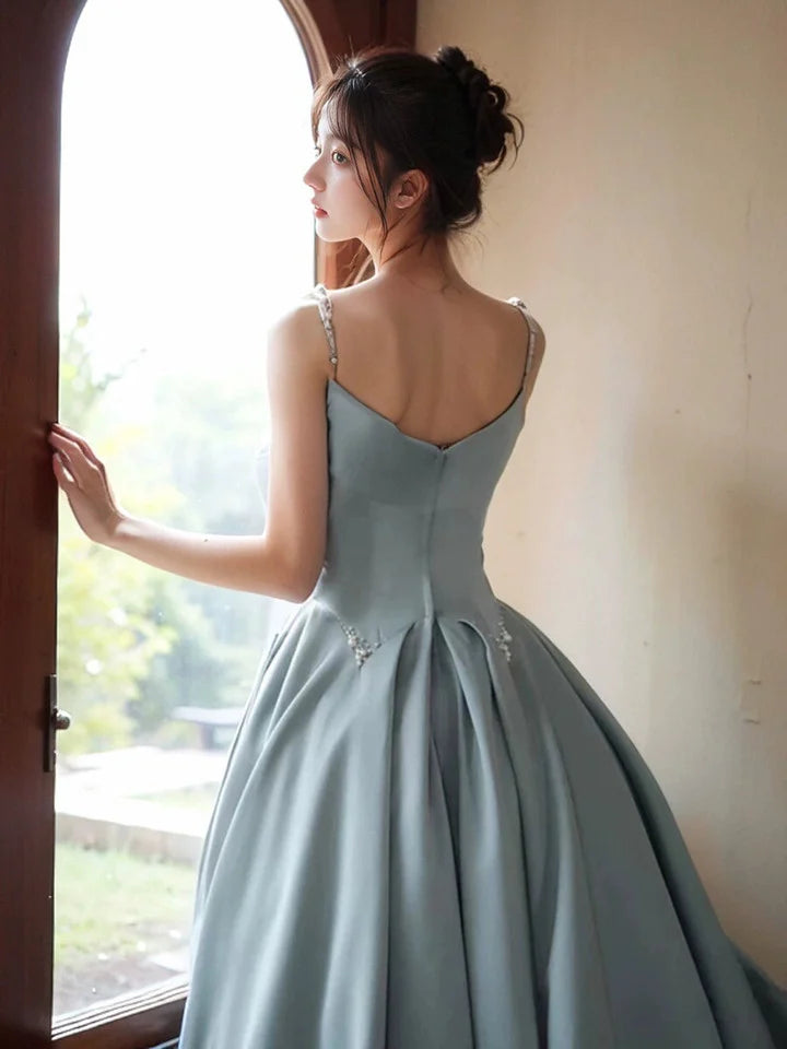 Chic Blue Satin A-Line Straps Beaded Long Evening Dress Blue Satin Prom Dress