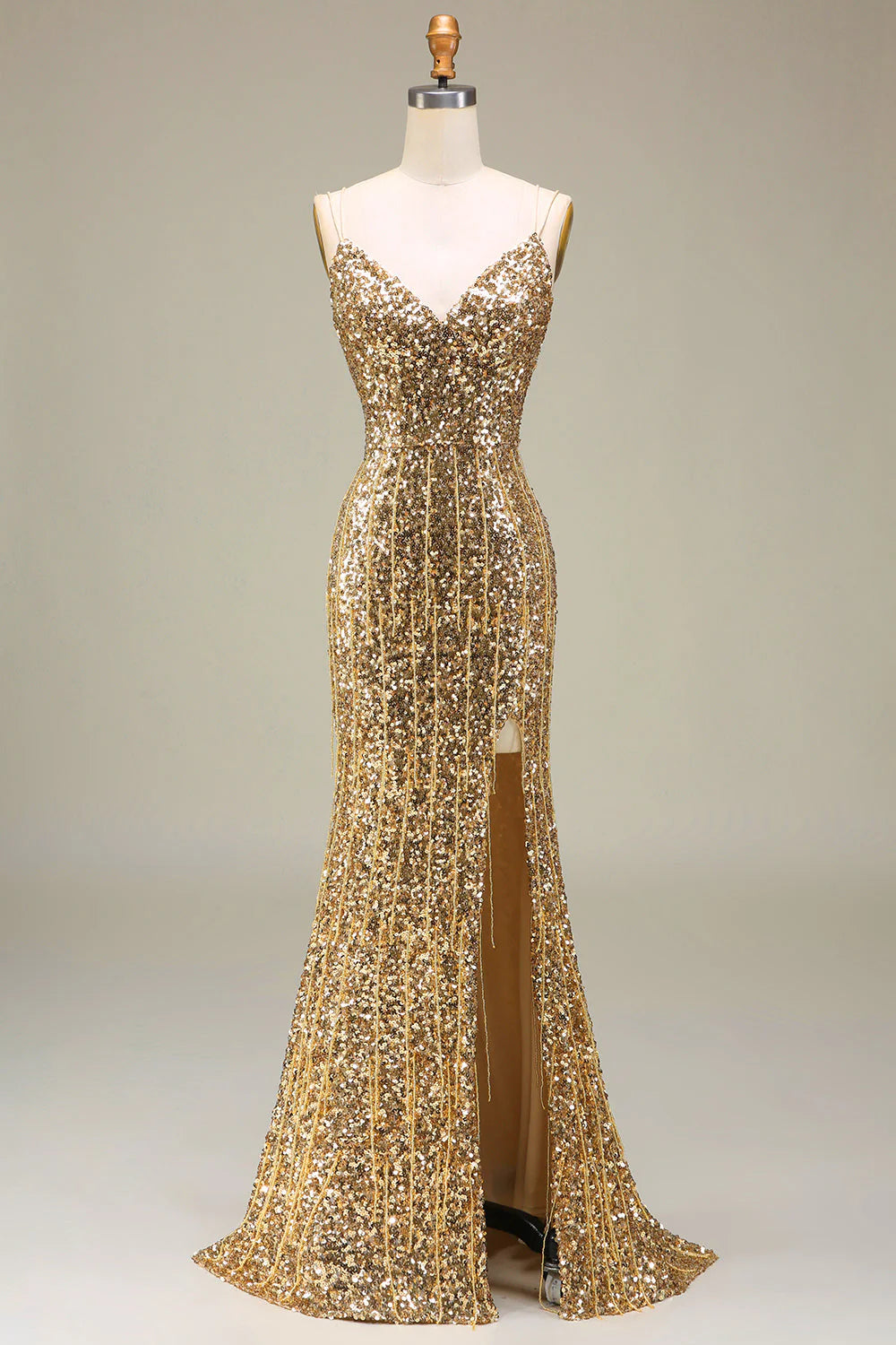 Golden V-neck long slit suspender ball gown