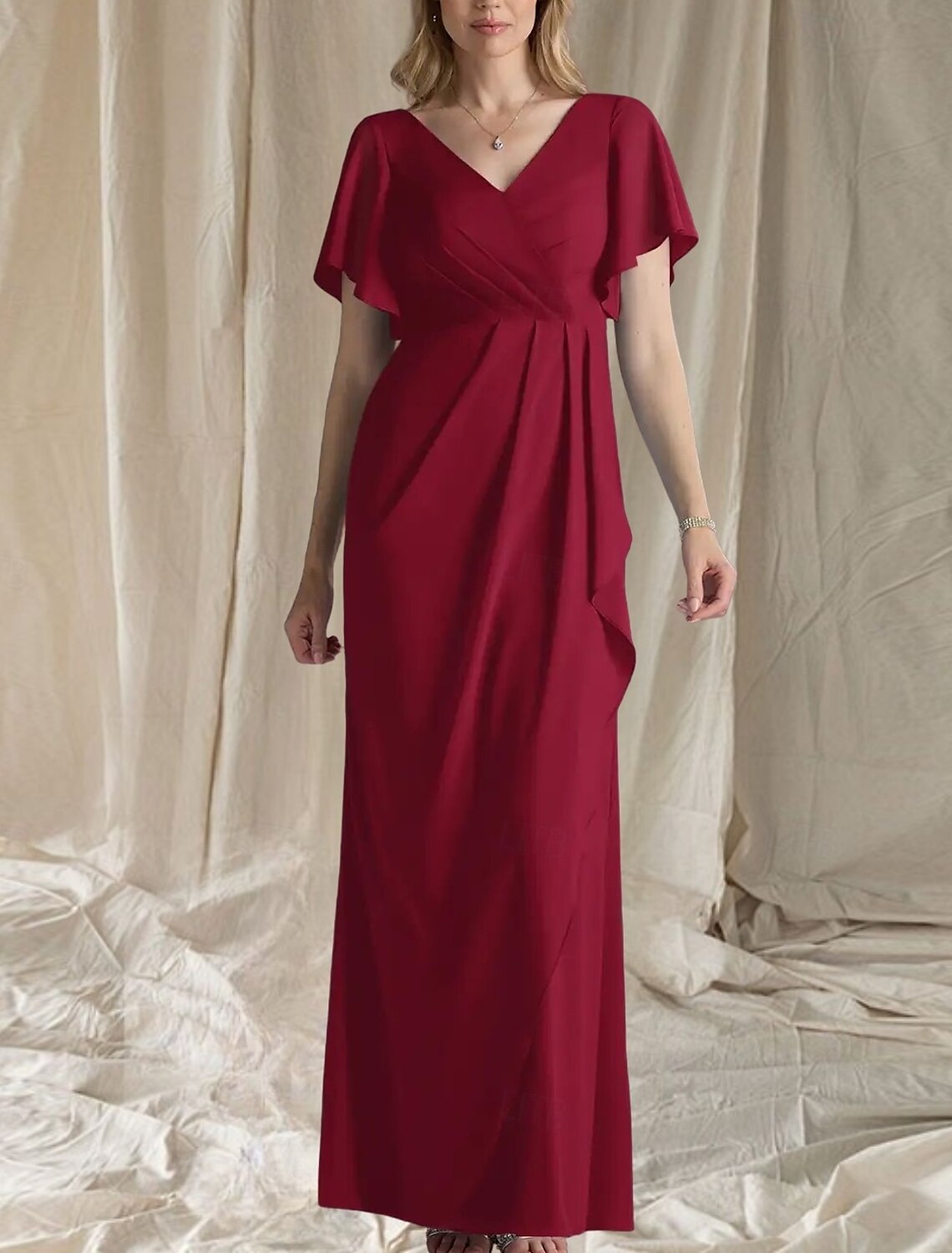A-Line Mother of the Bride Dress Wedding Guest Elegant Sweet V Neck Floor Length Chiffon Short Sleeve with Ruching Side-Draped