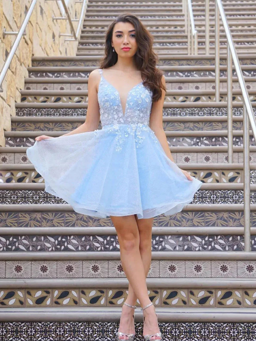 Blue v neck tulle lace short prom dress  blue tulle homecoming dress