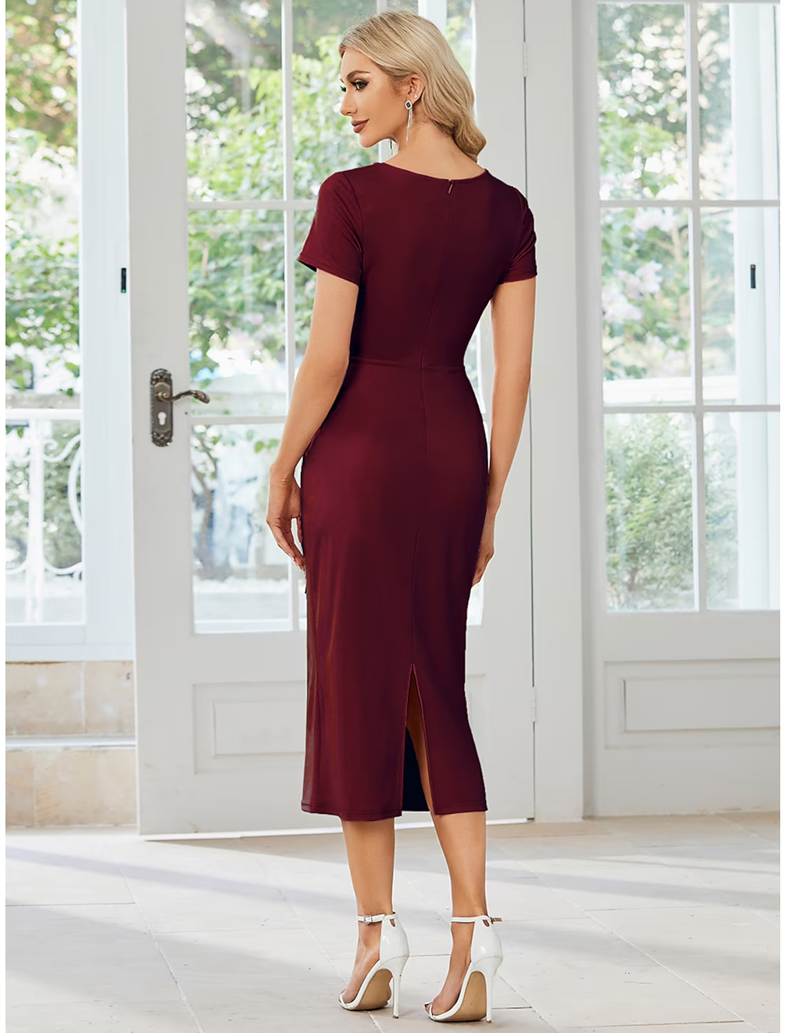 Wedding Guest Dresses Dress Party Wear Length Short Sleeve V Neck Stretch Fabric with Slit Strappy