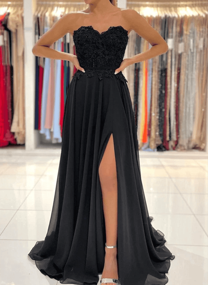 Black Chiffon Sweetheart with Lace Long Party DressBlack Wedding Party Dress