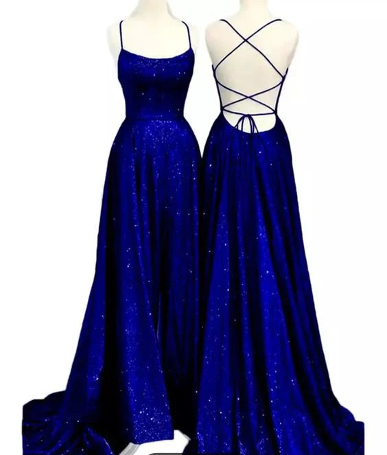 Long Glitter A-Line Criss Cross Back Prom Dress