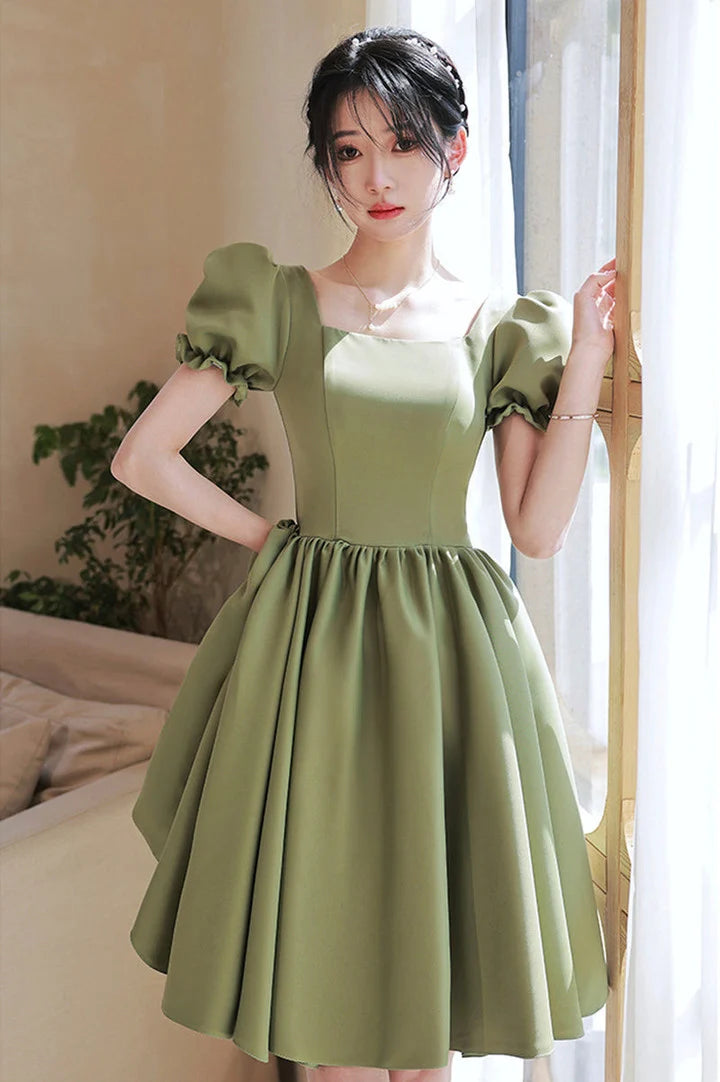 Green Satin Short Party Dress Prom DressGreen Homecoming Dress