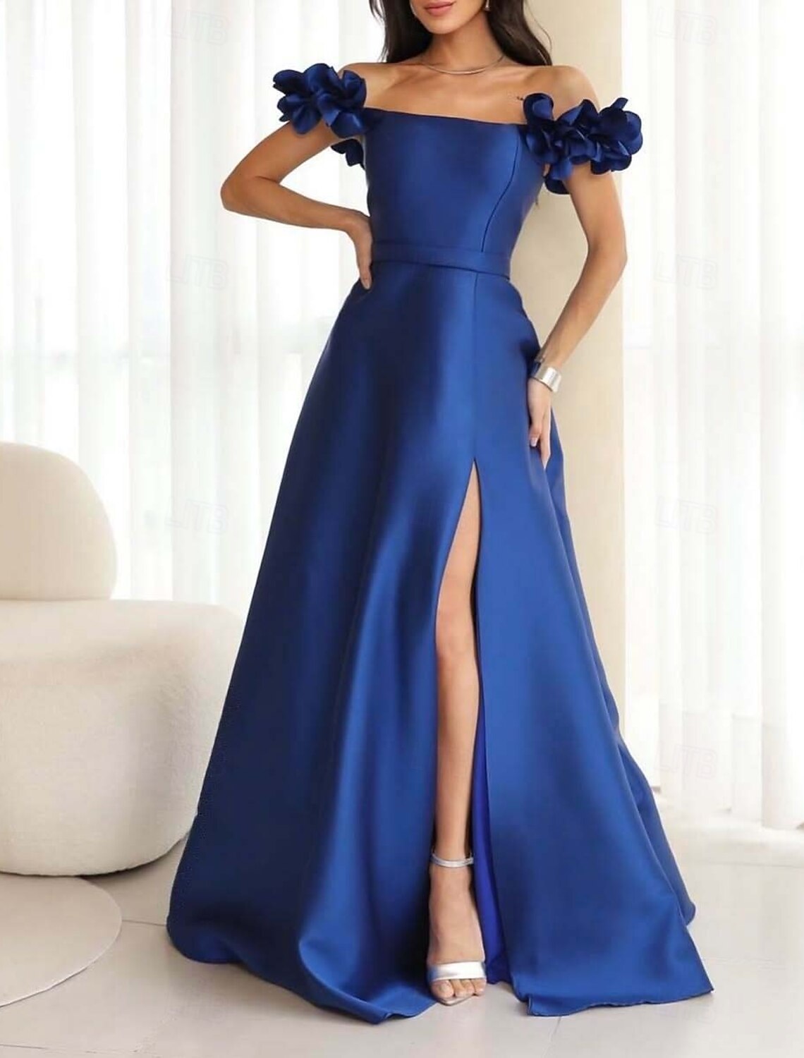 A-Line Evening Gown Celebrity Style Dress Carnival Wedding Reception Floor Length Floral Off Shoulder Satin with Slit