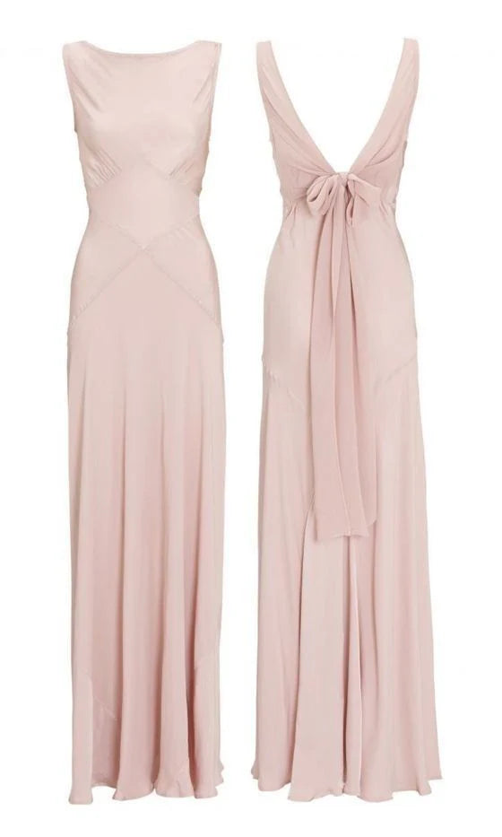 Pink chiffon V-neck long ballroom elegant bridesmaid dress