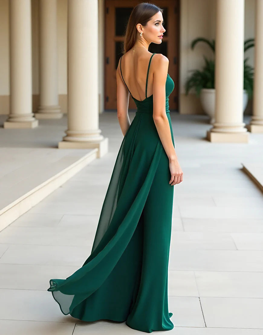 Deep green A-line version pleated long slit ball skirt