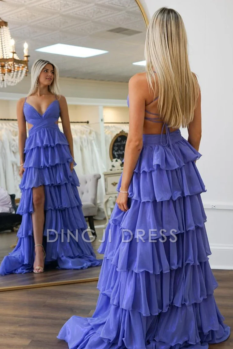 DingJiDress A-Line Spaghetti Straps Backless Lace Up Long Ruched Tiered with Slit Exquisite Prom Dress