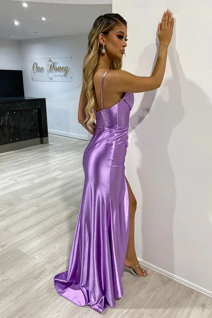 Enchanting mermaid round neck purple satin long ball dress with slit