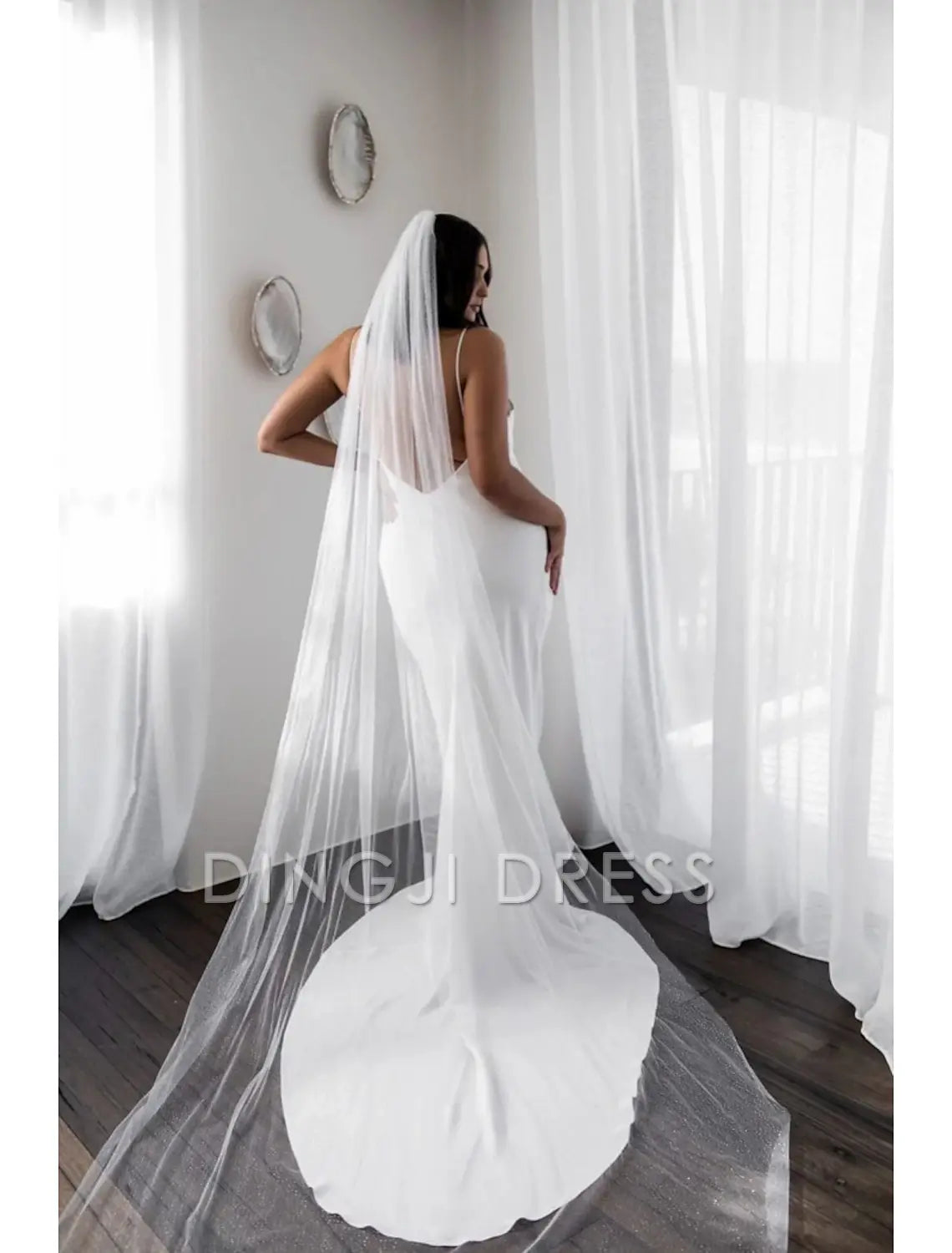 Ding Ji One-tier Simple Sparkle Shine Wedding Veil Cathedral Veils with Sequin 110.24 in (280cm) Charming Tulle Hot Sale Veil