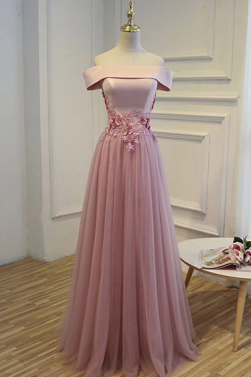 A-line off shoulder tulle long prom dress tulle bridesmaid dress